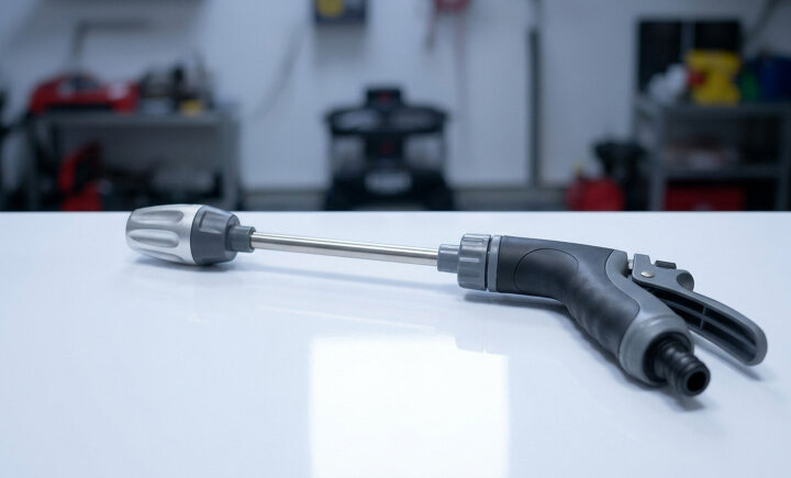Close-up of the Jetterix pressure nozzle attached to a garden hose